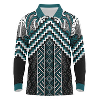 Maori Tukutuku Taniko Motifs Long Sleeve Polo Shirt Teal Poutama Mix Kowhaiwhai LT7 Teal - Polynesian Pride