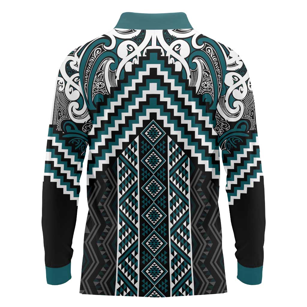 Maori Tukutuku Taniko Motifs Long Sleeve Polo Shirt Teal Poutama Mix Kowhaiwhai LT7 - Polynesian Pride