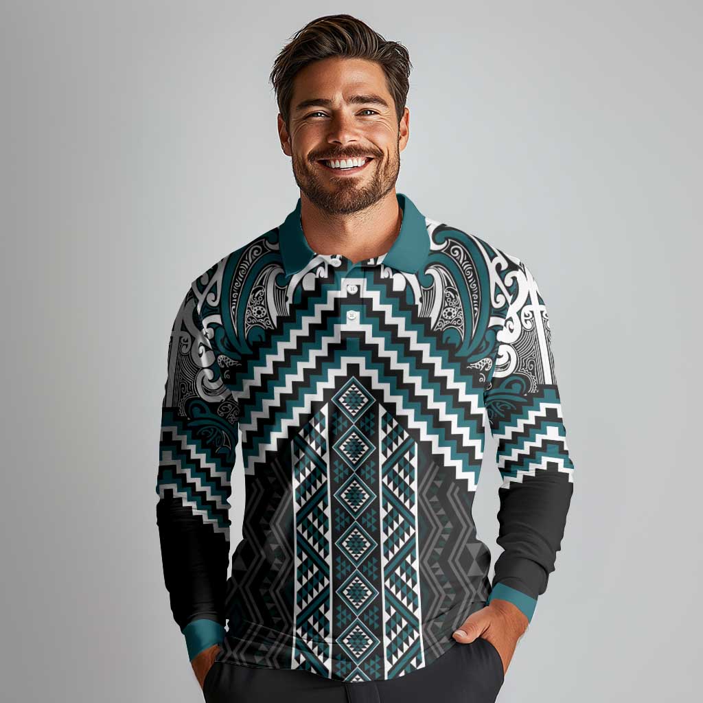 Maori Tukutuku Taniko Motifs Long Sleeve Polo Shirt Teal Poutama Mix Kowhaiwhai LT7 - Polynesian Pride