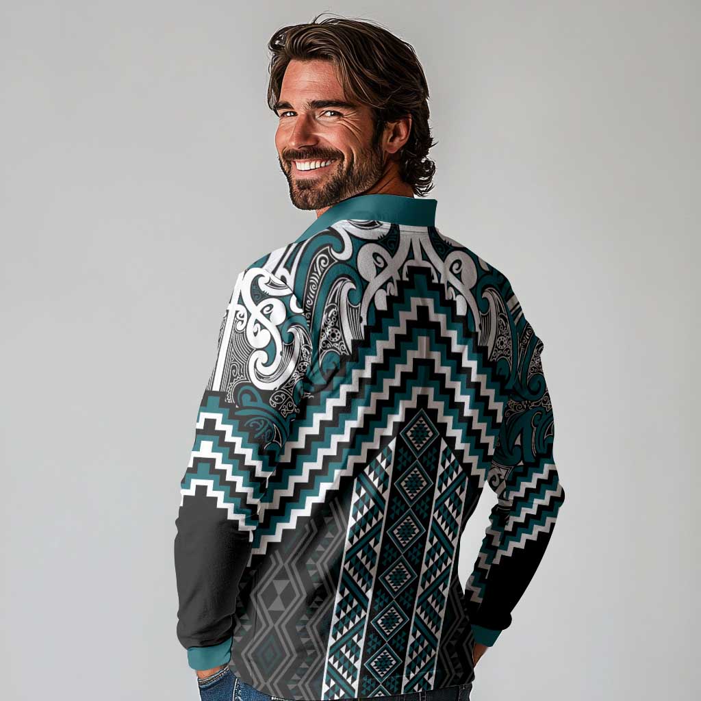 Maori Tukutuku Taniko Motifs Long Sleeve Polo Shirt Teal Poutama Mix Kowhaiwhai LT7 - Polynesian Pride