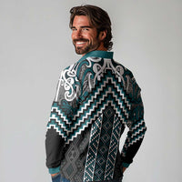 Maori Tukutuku Taniko Motifs Long Sleeve Polo Shirt Teal Poutama Mix Kowhaiwhai LT7 - Polynesian Pride