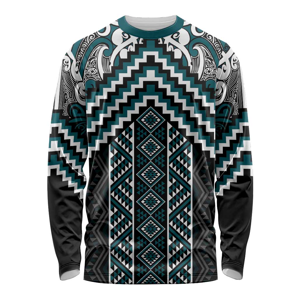 Maori Tukutuku Taniko Motifs Long Sleeve Shirt Teal Poutama Mix Kowhaiwhai LT7 Unisex Teal - Polynesian Pride