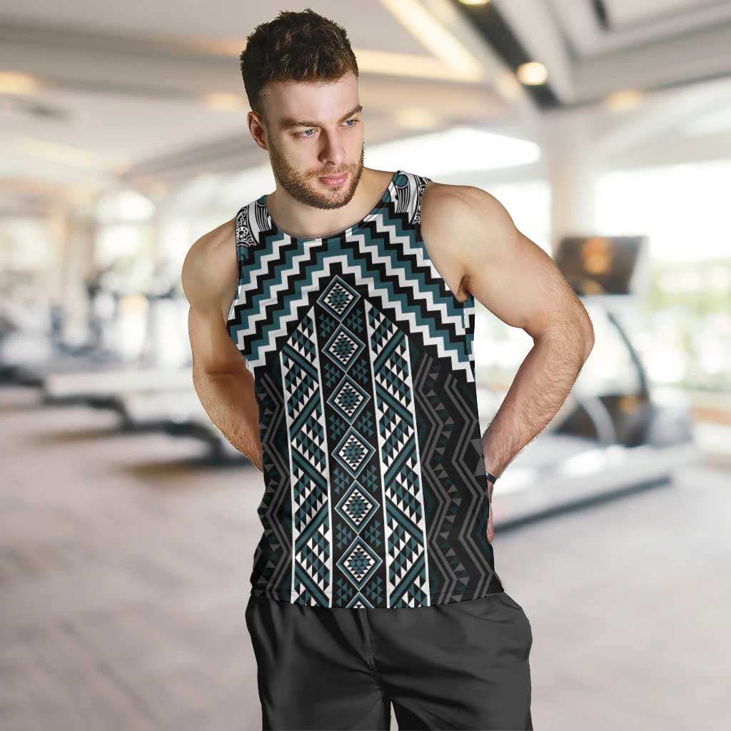 Maori Tukutuku Taniko Motifs Men Tank Top Teal Poutama Mix Kowhaiwhai LT7 Teal - Polynesian Pride