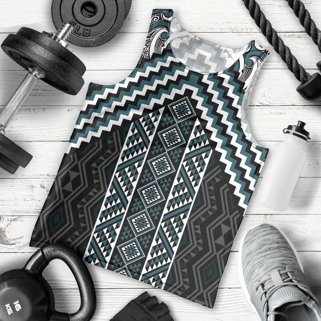 Maori Tukutuku Taniko Motifs Men Tank Top Teal Poutama Mix Kowhaiwhai LT7 - Polynesian Pride