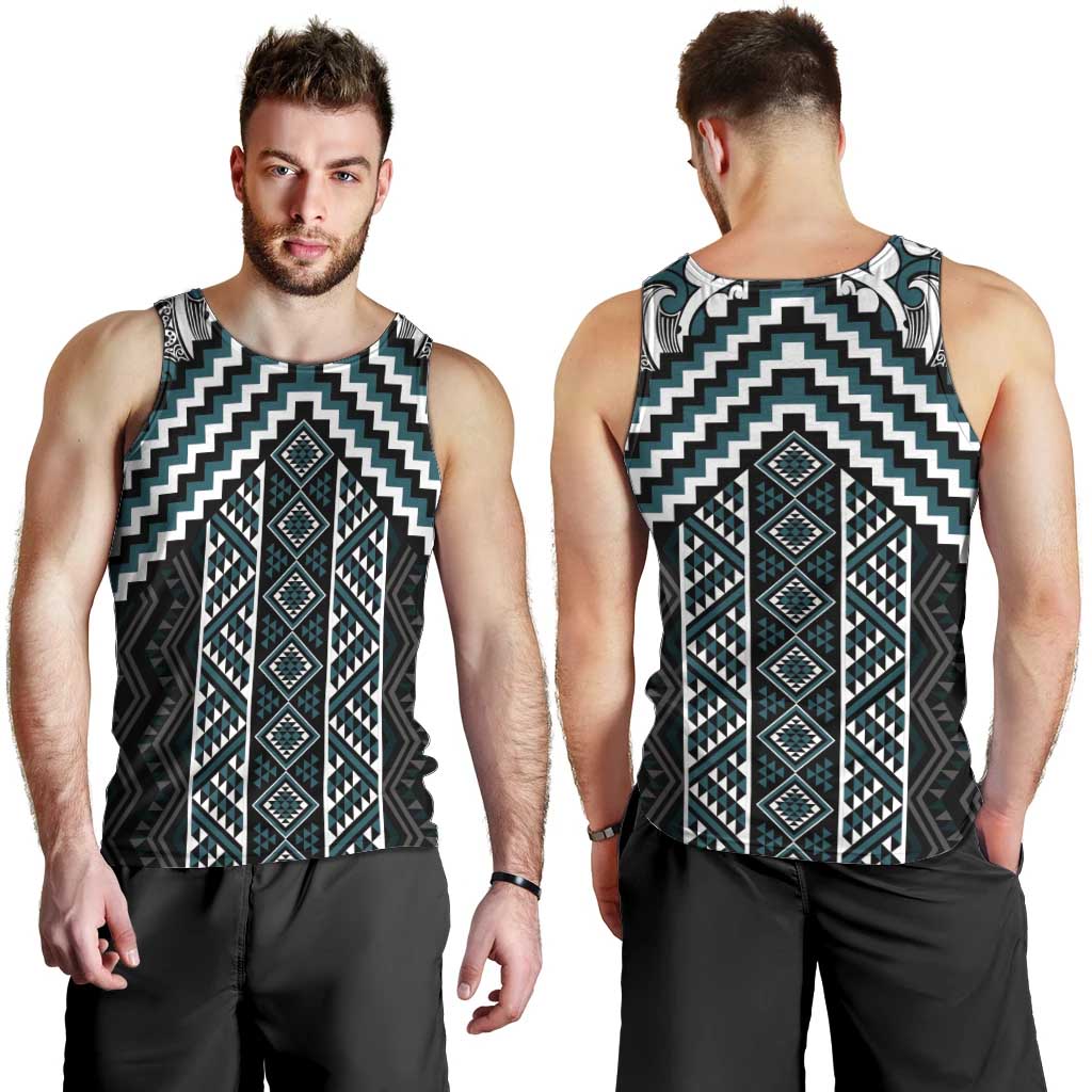 Maori Tukutuku Taniko Motifs Men Tank Top Teal Poutama Mix Kowhaiwhai LT7 - Polynesian Pride