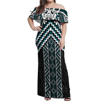 Maori Tukutuku Taniko Motifs Off Shoulder Maxi Dress Teal Poutama Mix Kowhaiwhai LT7 Women Teal - Polynesian Pride