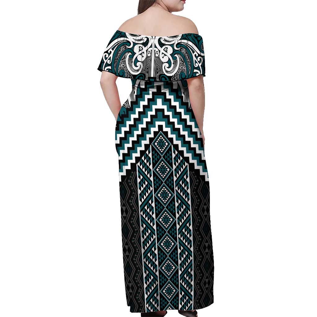 Maori Tukutuku Taniko Motifs Off Shoulder Maxi Dress Teal Poutama Mix Kowhaiwhai LT7 - Polynesian Pride