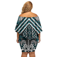 Maori Tukutuku Taniko Motifs Off Shoulder Short Dress Teal Poutama Mix Kowhaiwhai LT7 - Polynesian Pride