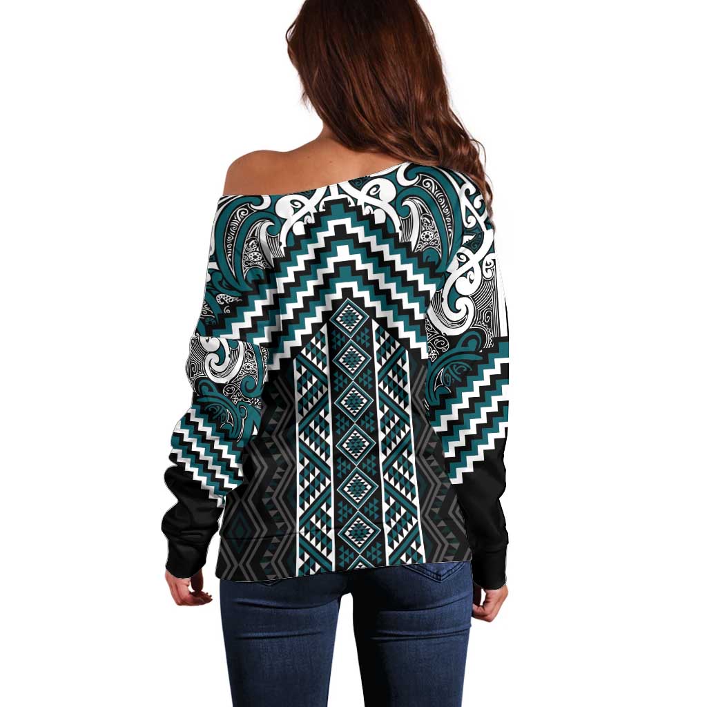 Maori Tukutuku Taniko Motifs Off Shoulder Sweater Teal Poutama Mix Kowhaiwhai LT7 - Polynesian Pride