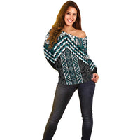 Maori Tukutuku Taniko Motifs Off Shoulder Sweater Teal Poutama Mix Kowhaiwhai LT7 - Polynesian Pride