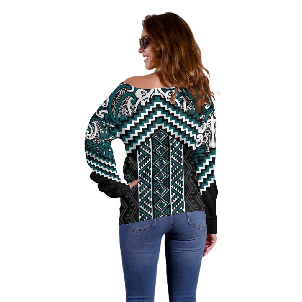 Maori Tukutuku Taniko Motifs Off Shoulder Sweater Teal Poutama Mix Kowhaiwhai LT7 - Polynesian Pride