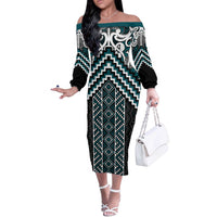 Maori Tukutuku Taniko Motifs Off The Shoulder Long Sleeve Dress Teal Poutama Mix Kowhaiwhai LT7 Women Teal - Polynesian Pride