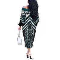 Maori Tukutuku Taniko Motifs Off The Shoulder Long Sleeve Dress Teal Poutama Mix Kowhaiwhai LT7 - Polynesian Pride