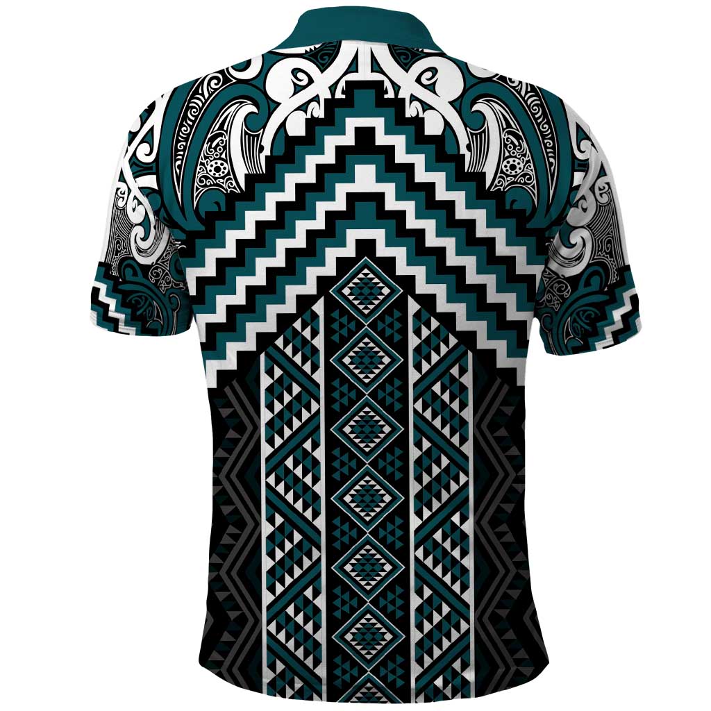 Maori Tukutuku Taniko Motifs Polo Shirt Teal Poutama Mix Kowhaiwhai LT7 - Polynesian Pride