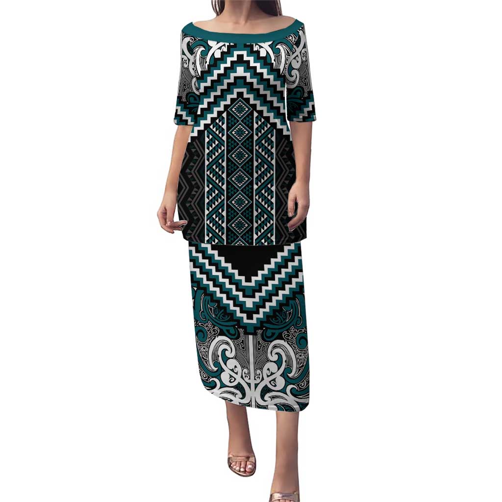 Maori Tukutuku Taniko Motifs Puletasi Teal Poutama Mix Kowhaiwhai LT7 Long Dress Teal - Polynesian Pride