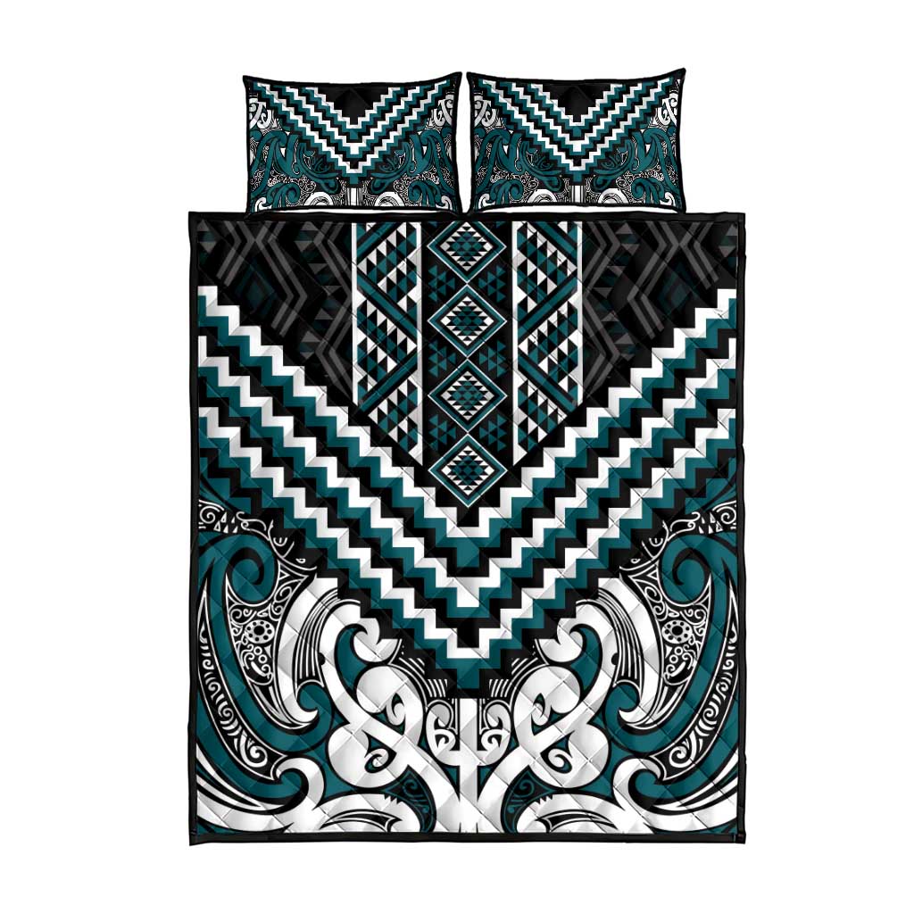 Maori Tukutuku Taniko Motifs Quilt Bed Set Teal Poutama Mix Kowhaiwhai LT7 - Polynesian Pride