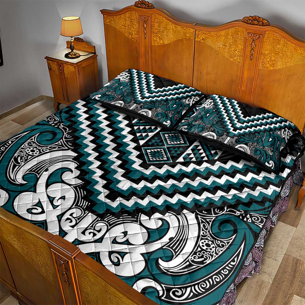 Maori Tukutuku Taniko Motifs Quilt Bed Set Teal Poutama Mix Kowhaiwhai LT7 - Polynesian Pride