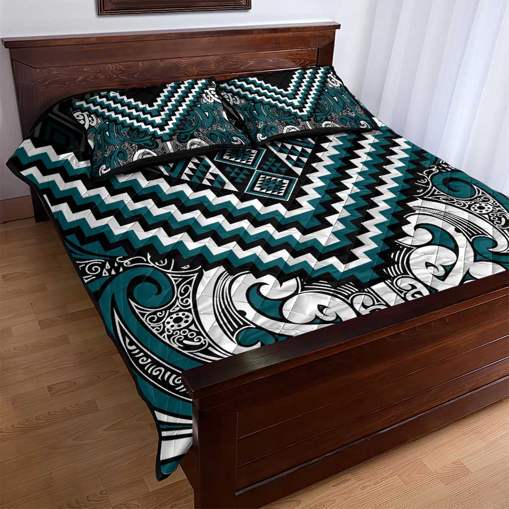 Maori Tukutuku Taniko Motifs Quilt Bed Set Teal Poutama Mix Kowhaiwhai LT7 - Polynesian Pride
