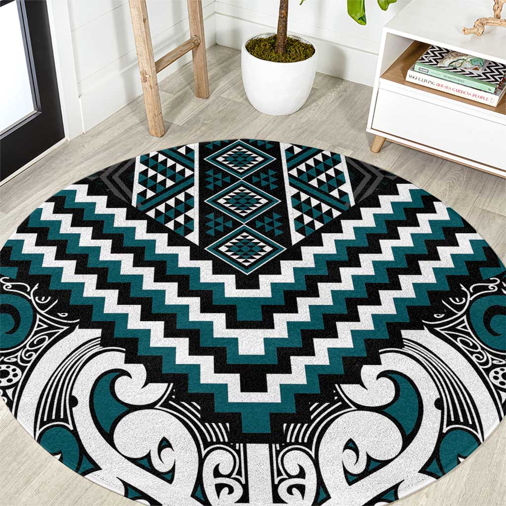 Maori Tukutuku Taniko Motifs Round Carpet Teal Poutama Mix Kowhaiwhai LT7 Teal - Polynesian Pride