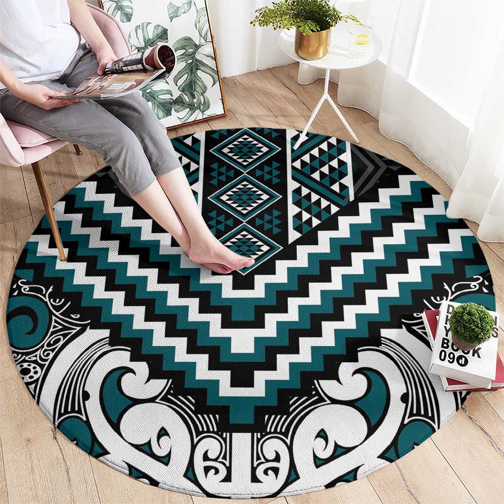 Maori Tukutuku Taniko Motifs Round Carpet Teal Poutama Mix Kowhaiwhai LT7 - Polynesian Pride