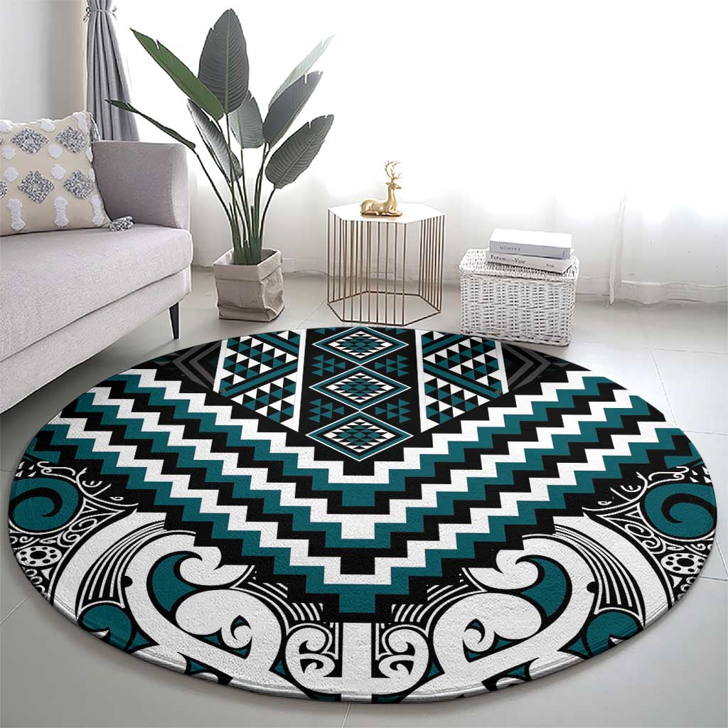 Maori Tukutuku Taniko Motifs Round Carpet Teal Poutama Mix Kowhaiwhai LT7 - Polynesian Pride