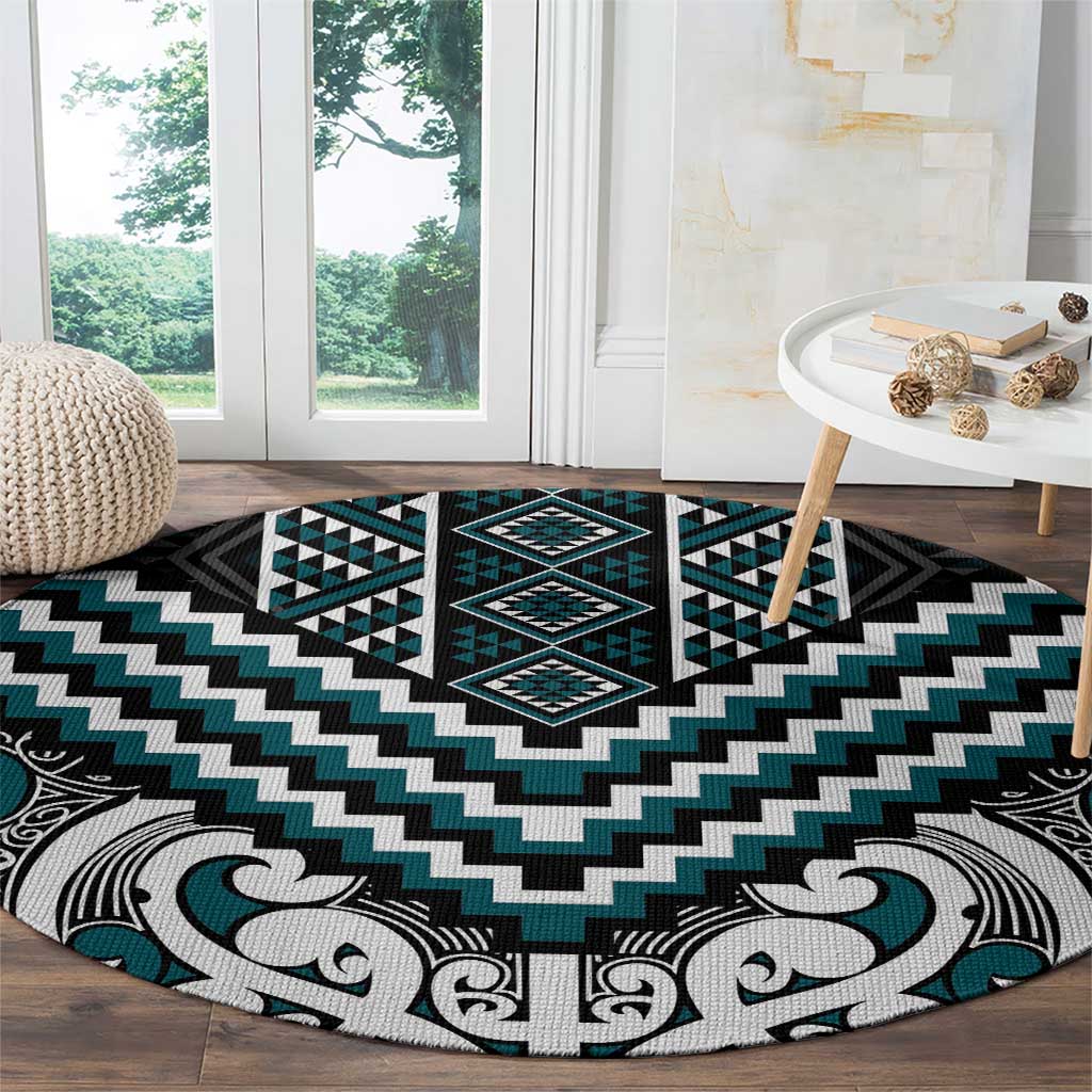 Maori Tukutuku Taniko Motifs Round Carpet Teal Poutama Mix Kowhaiwhai LT7 - Polynesian Pride