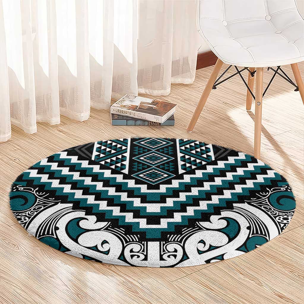 Maori Tukutuku Taniko Motifs Round Carpet Teal Poutama Mix Kowhaiwhai LT7 - Polynesian Pride