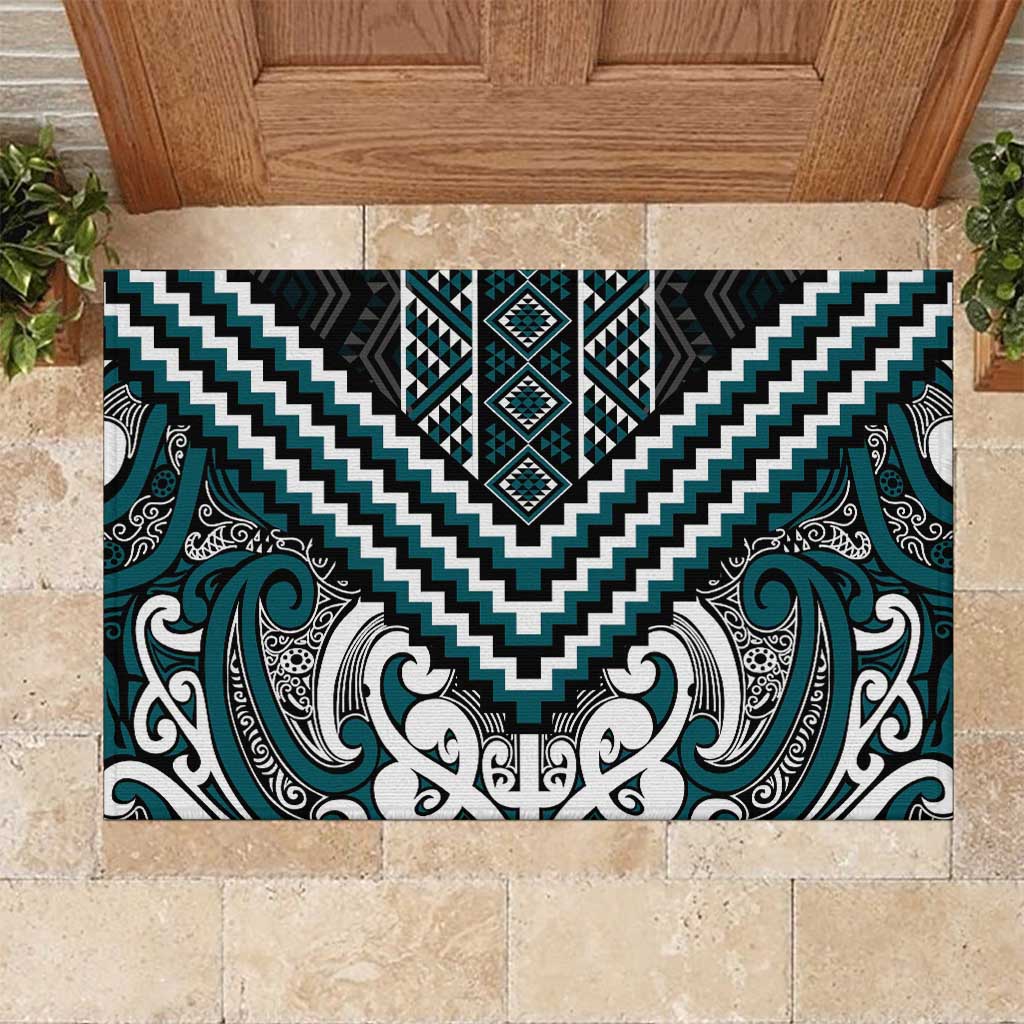 Maori Tukutuku Taniko Motifs Rubber Doormat Teal Poutama Mix Kowhaiwhai