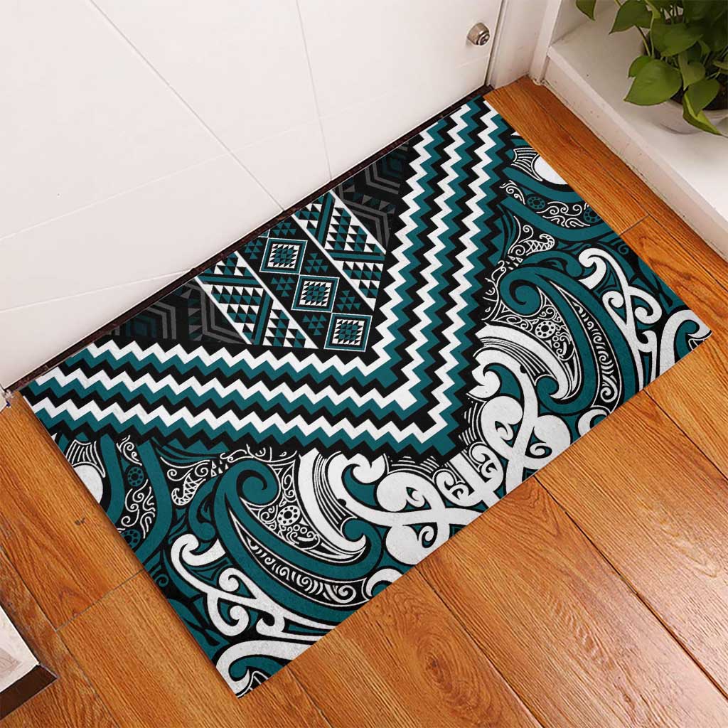 Maori Tukutuku Taniko Motifs Rubber Doormat Teal Poutama Mix Kowhaiwhai LT7 - Polynesian Pride