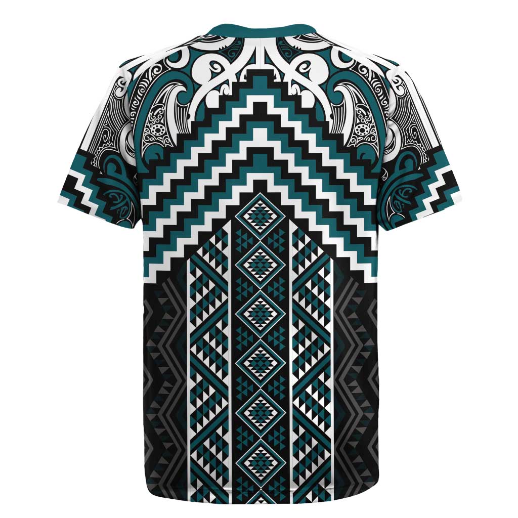 Maori Tukutuku Taniko Motifs Rugby Jersey Teal Poutama Mix Kowhaiwhai LT7 - Polynesian Pride