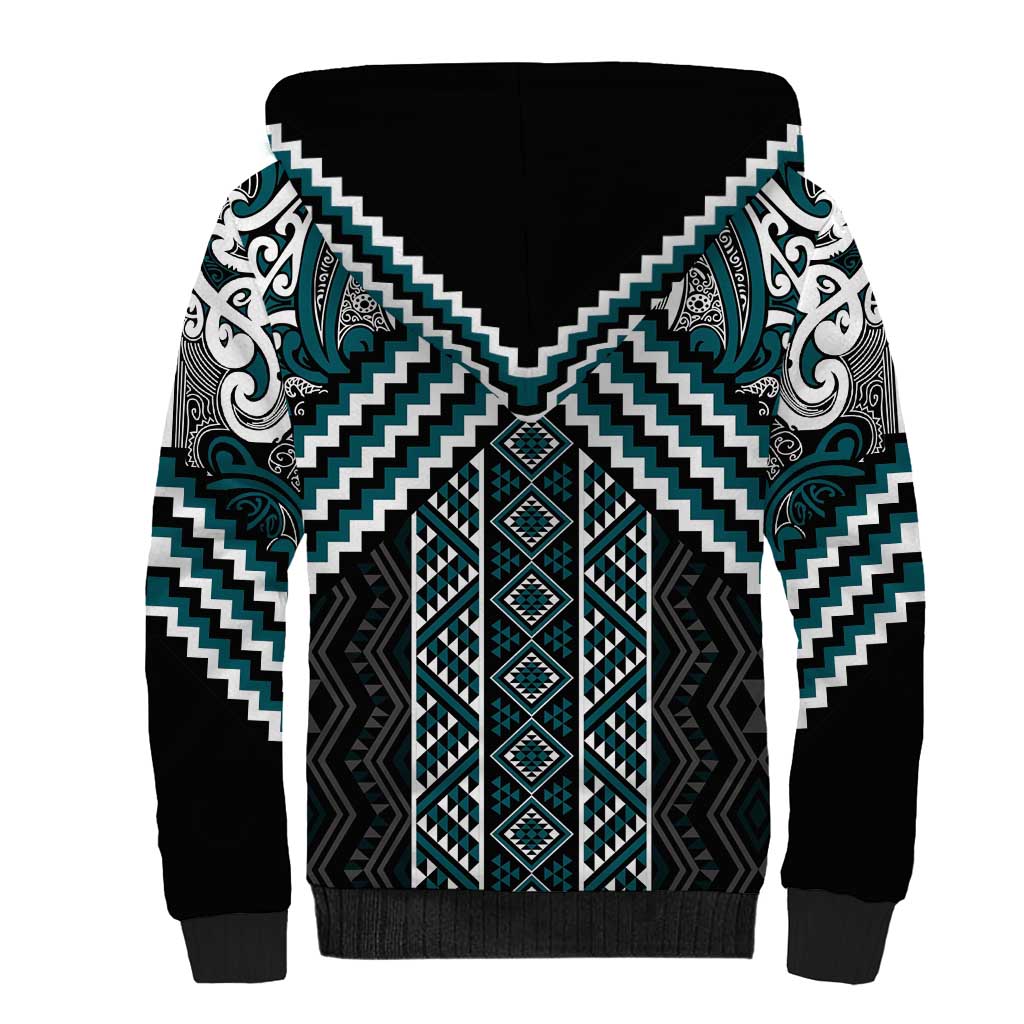 Maori Tukutuku Taniko Motifs Sherpa Hoodie Teal Poutama Mix Kowhaiwhai LT7 - Polynesian Pride