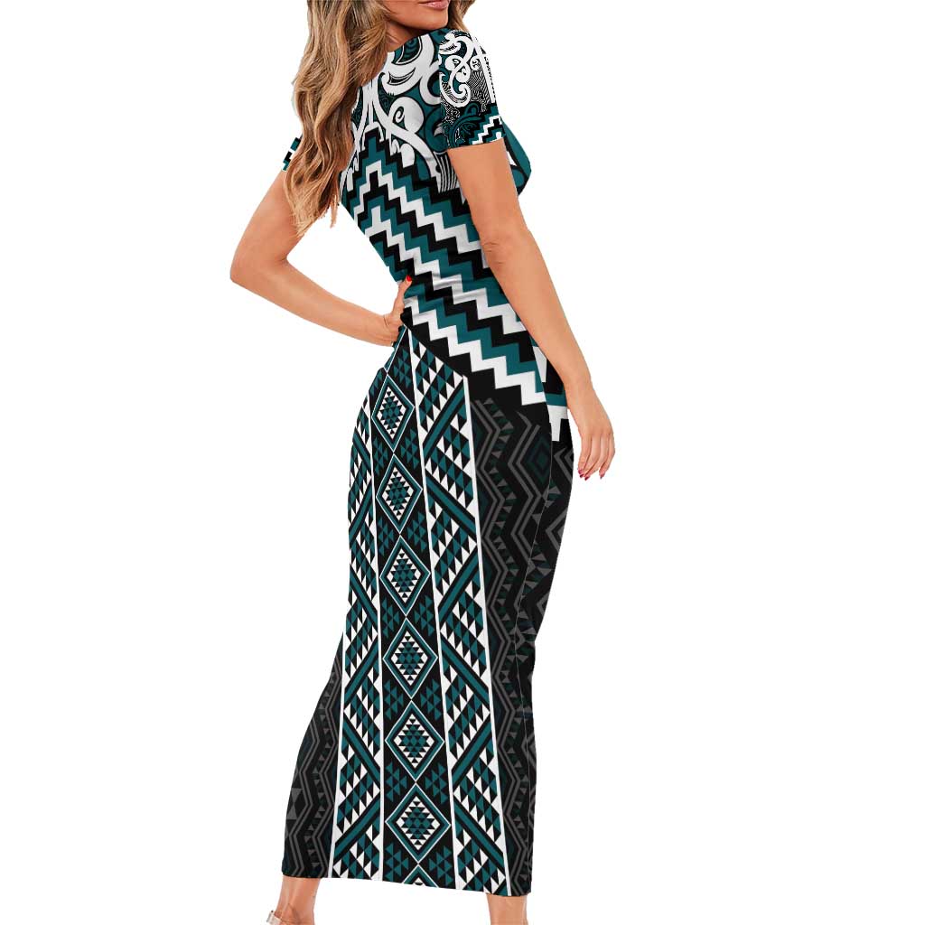 Maori Tukutuku Taniko Motifs Short Sleeve Bodycon Dress Teal Poutama Mix Kowhaiwhai LT7 - Polynesian Pride