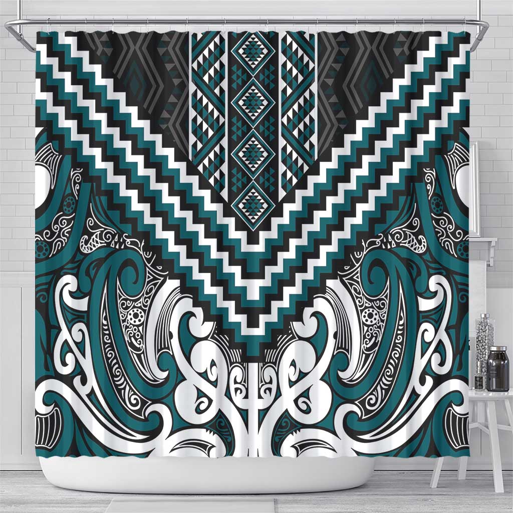 Maori Tukutuku Taniko Motifs Shower Curtain Teal Poutama Mix Kowhaiwhai LT7 - Polynesian Pride