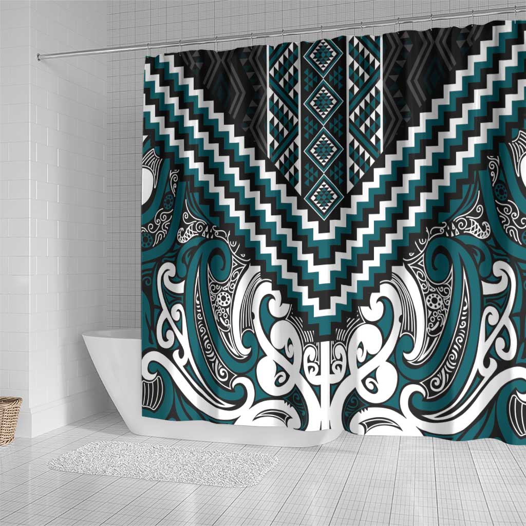 Maori Tukutuku Taniko Motifs Shower Curtain Teal Poutama Mix Kowhaiwhai LT7 - Polynesian Pride