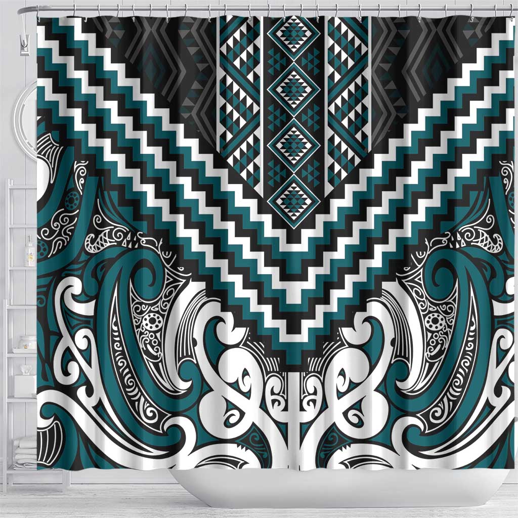 Maori Tukutuku Taniko Motifs Shower Curtain Teal Poutama Mix Kowhaiwhai LT7 - Polynesian Pride