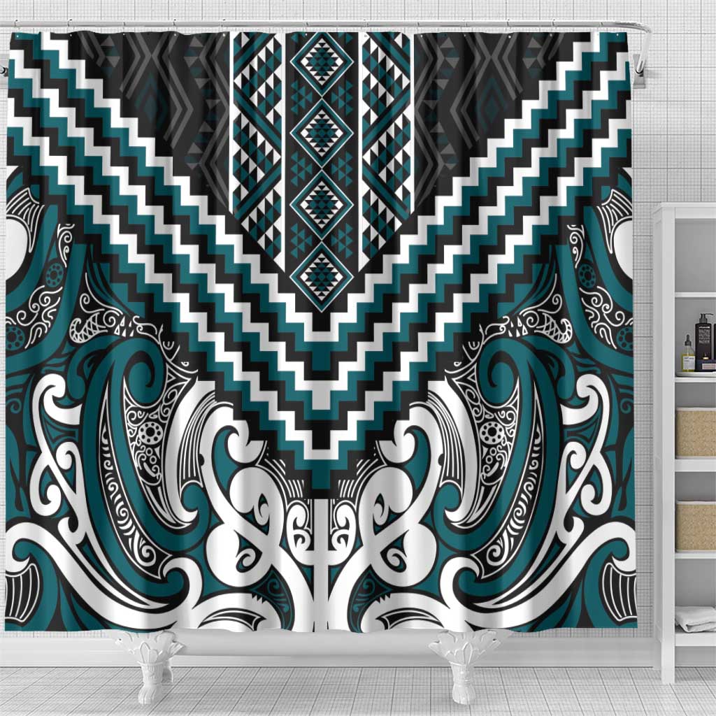 Maori Tukutuku Taniko Motifs Shower Curtain Teal Poutama Mix Kowhaiwhai LT7 - Polynesian Pride