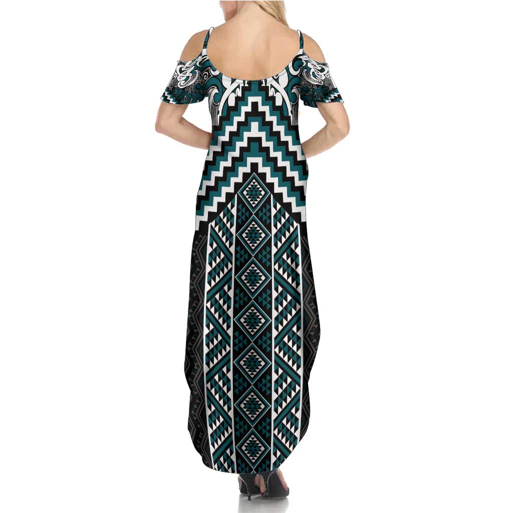 Maori Tukutuku Taniko Motifs Summer Maxi Dress Teal Poutama Mix Kowhaiwhai