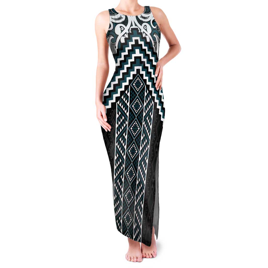 Maori Tukutuku Taniko Motifs Tank Maxi Dress Teal Poutama Mix Kowhaiwhai LT7 Women Teal - Polynesian Pride