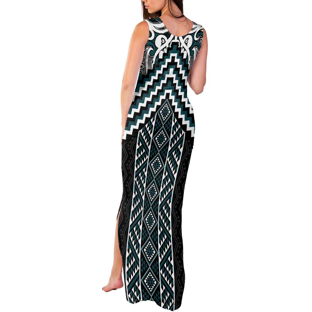 Maori Tukutuku Taniko Motifs Tank Maxi Dress Teal Poutama Mix Kowhaiwhai LT7 - Polynesian Pride