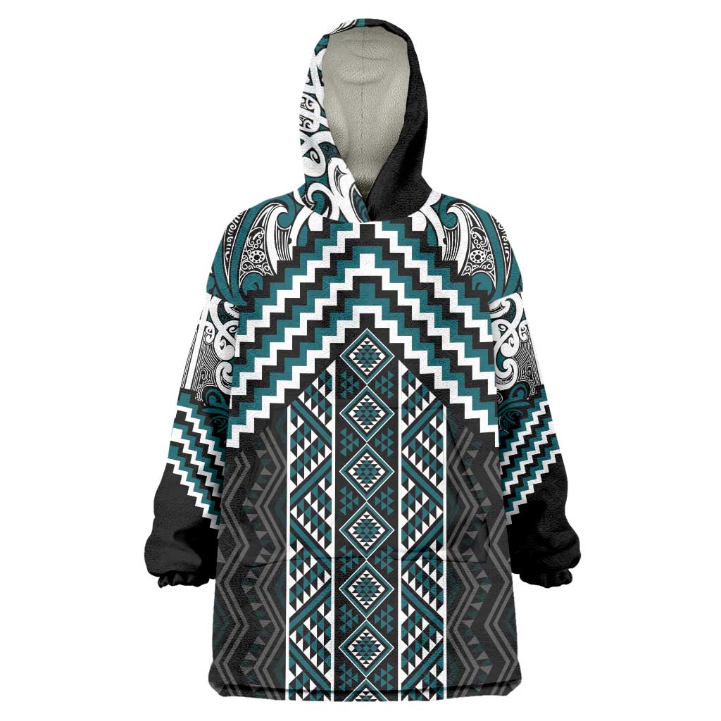 Maori Tukutuku Taniko Motifs Wearable Blanket Hoodie Teal Poutama Mix Kowhaiwhai LT7 One Size Teal - Polynesian Pride