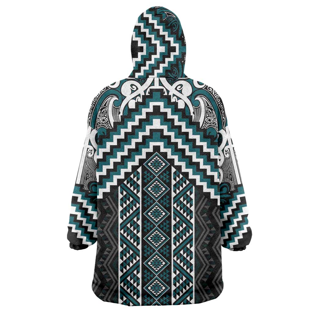Maori Tukutuku Taniko Motifs Wearable Blanket Hoodie Teal Poutama Mix Kowhaiwhai LT7 - Polynesian Pride
