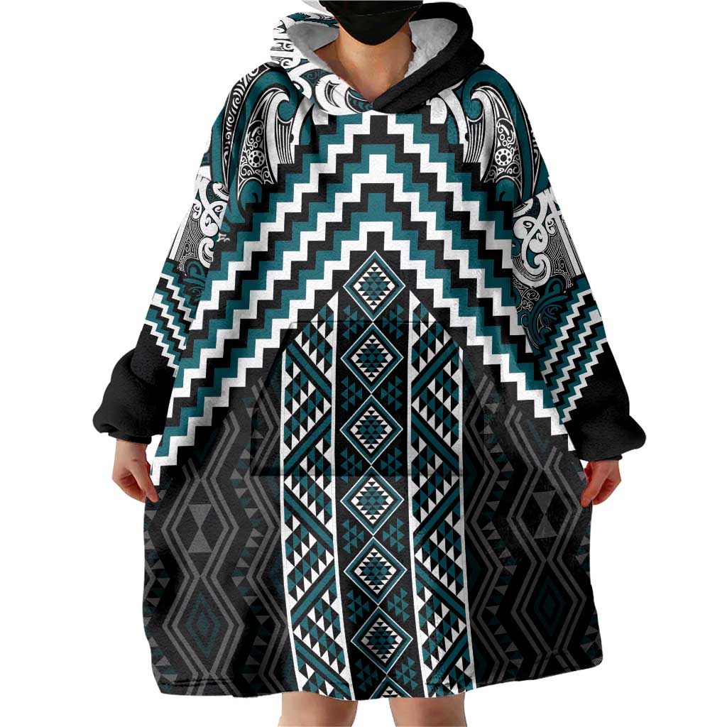 Maori Tukutuku Taniko Motifs Wearable Blanket Hoodie Teal Poutama Mix Kowhaiwhai LT7 - Polynesian Pride