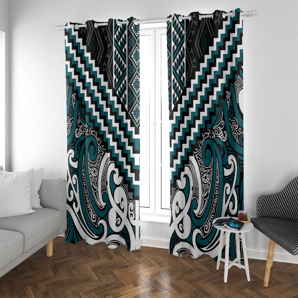Maori Tukutuku Taniko Motifs Window Curtain Teal Poutama Mix Kowhaiwhai LT7 With Grommets Teal - Polynesian Pride