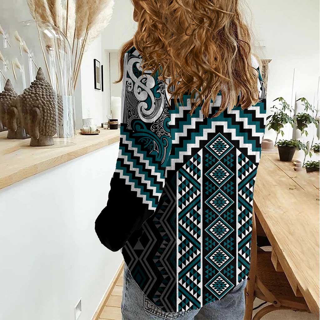 Maori Tukutuku Taniko Motifs Women Casual Shirt Teal Poutama Mix Kowhaiwhai LT7 - Polynesian Pride