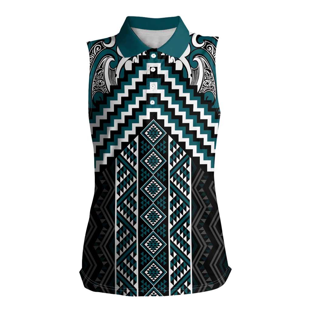 Maori Tukutuku Taniko Motifs Women Sleeveless Polo Shirt Teal Poutama Mix Kowhaiwhai LT7 Female Teal - Polynesian Pride
