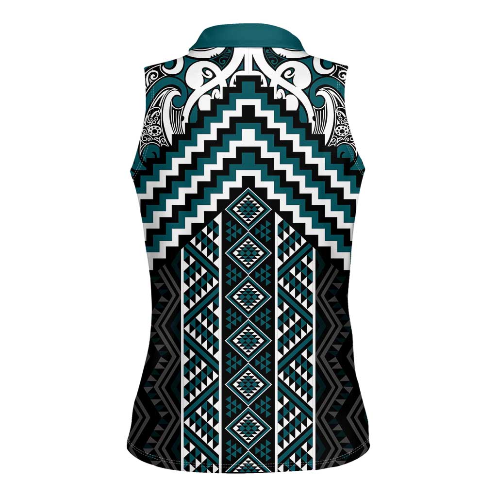 Maori Tukutuku Taniko Motifs Women Sleeveless Polo Shirt Teal Poutama Mix Kowhaiwhai LT7 - Polynesian Pride