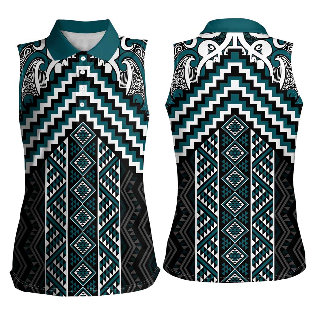 Maori Tukutuku Taniko Motifs Women Sleeveless Polo Shirt Teal Poutama Mix Kowhaiwhai LT7 - Polynesian Pride