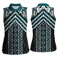 Maori Tukutuku Taniko Motifs Women Sleeveless Polo Shirt Teal Poutama Mix Kowhaiwhai LT7 - Polynesian Pride