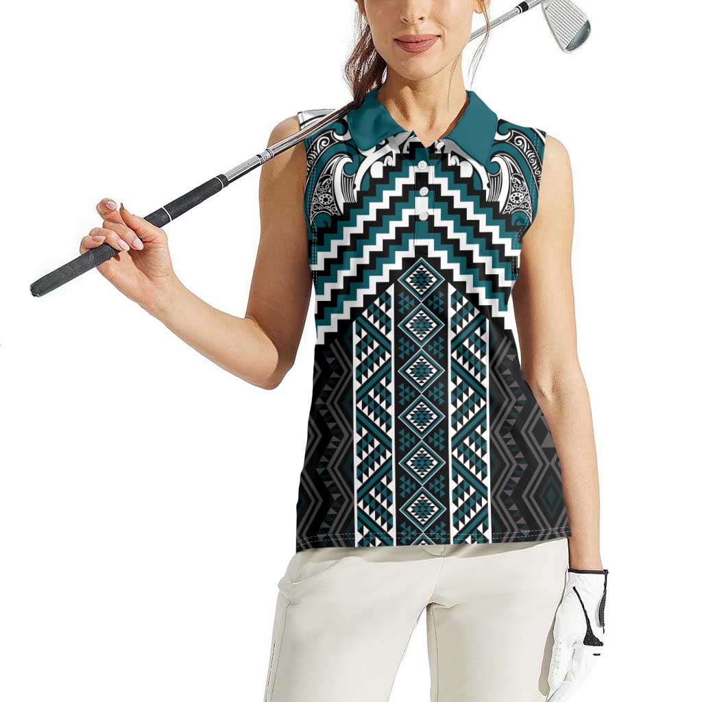 Maori Tukutuku Taniko Motifs Women Sleeveless Polo Shirt Teal Poutama Mix Kowhaiwhai LT7 - Polynesian Pride