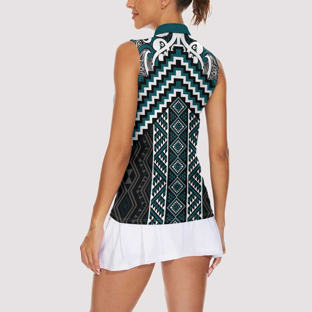 Maori Tukutuku Taniko Motifs Women Sleeveless Polo Shirt Teal Poutama Mix Kowhaiwhai LT7 - Polynesian Pride